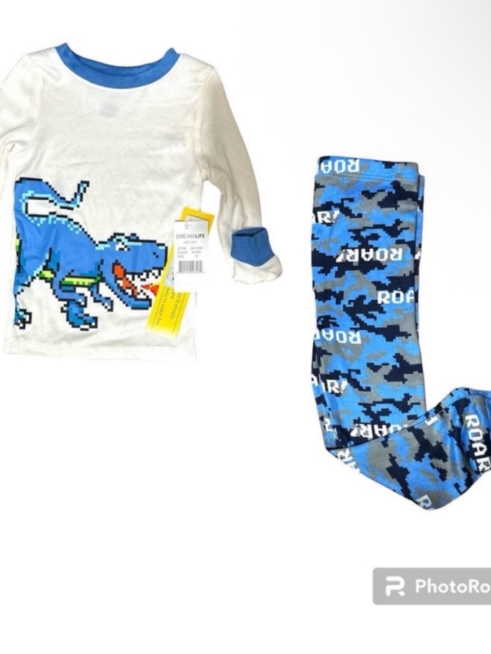 Dream Life Boys Pixel Dinosaur Pajama Set –3T – Long Sleeve & Pants, ROAR